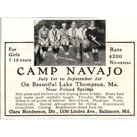 Camp Navajo Lake Thompson Poland Springs Maine Clara Henderson - 1921 Ad TJ7-S8