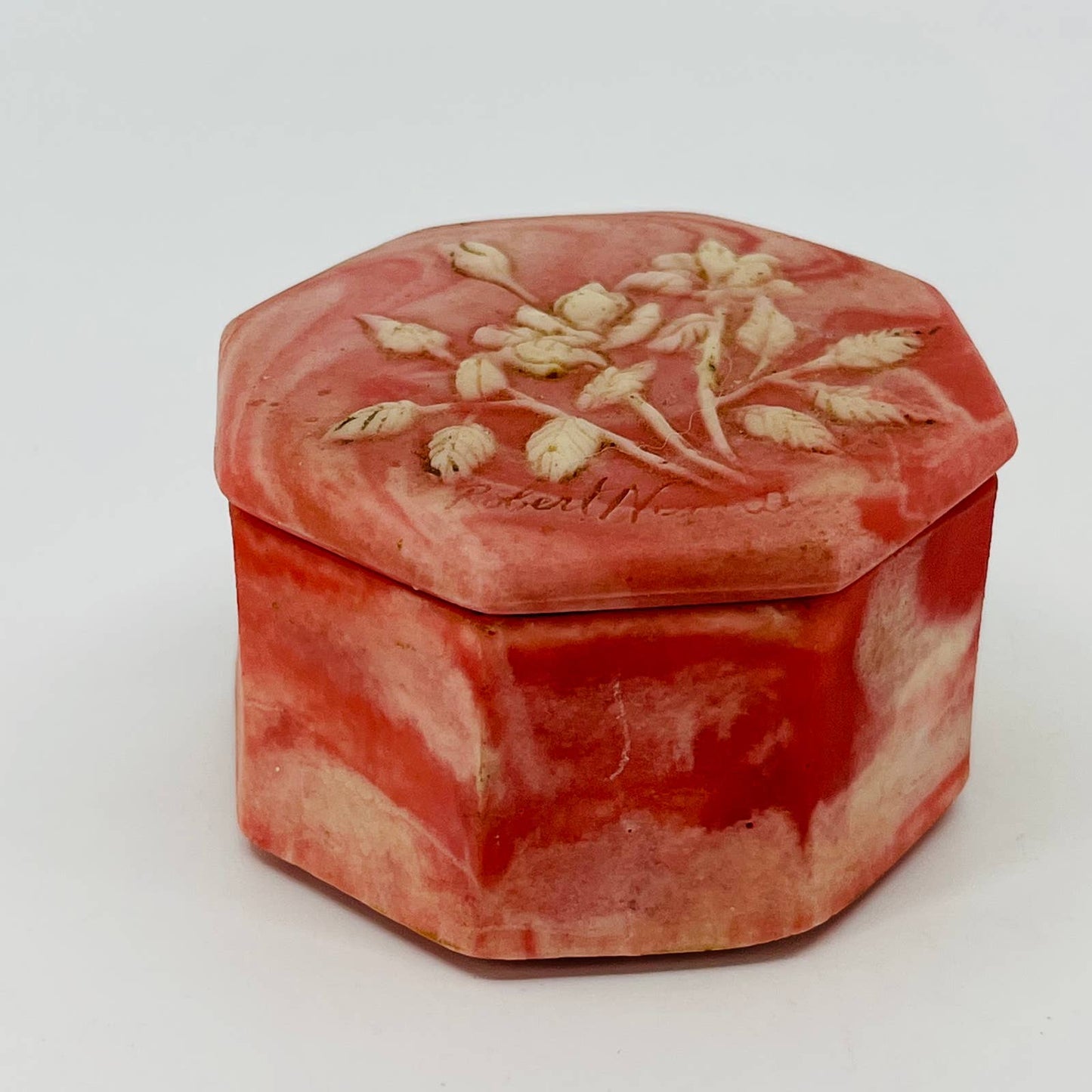 R. Nemith Incolay Octagonal Pink Rose Soapstone Rose Relief Trinket Box 2.5” TB7
