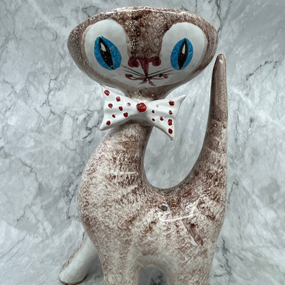 1950s Italian Ceramic Cat Vase Hand Painted Pottery Atomic Space Age Era 12x7”