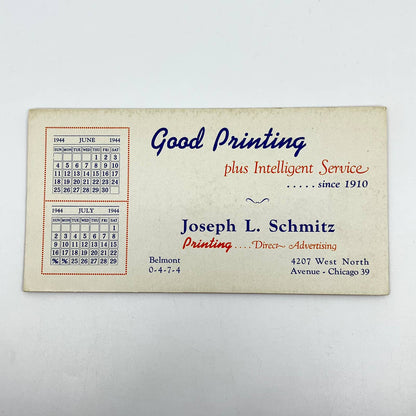 1940s Blotter Card White Calendar Joseph L. Schmitz Printing Chicago IL SC9