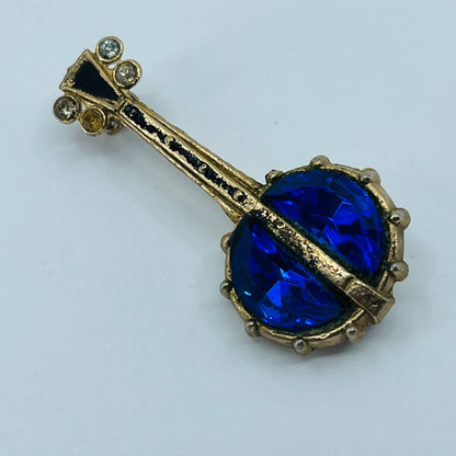 1930s Sapphire Blue Rhinestone BANJO Pin Gold Tone Brooch SB2