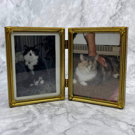 Vintage 1960s-70s Bi-fold Brass Photo Frame With Pet Cats 4.5x7 TE3