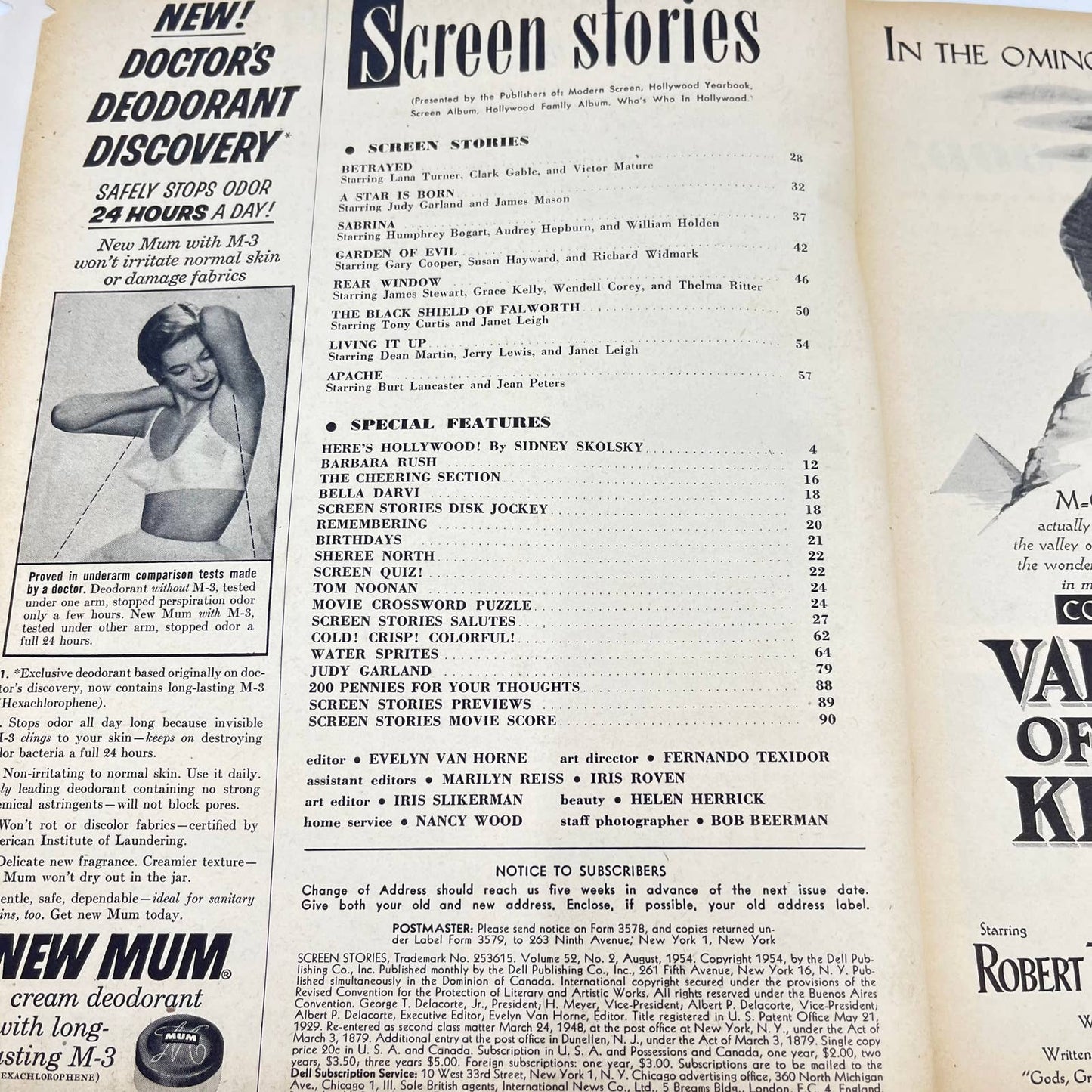 Screen Stories Magazine August 1954 BETRAYED Lana Turner Cover Clark Gable TC6