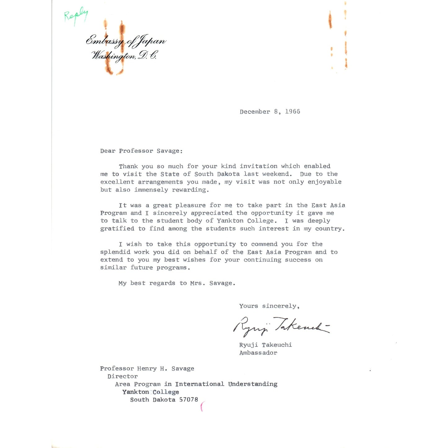 Embassy of Japan Letterhead Memo Ryuji Takeuchi 12/8/66 B14