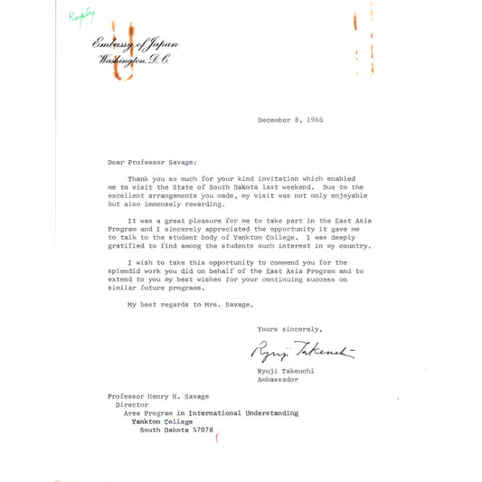 Embassy of Japan Letterhead Memo Ryuji Takeuchi 12/8/66 B14