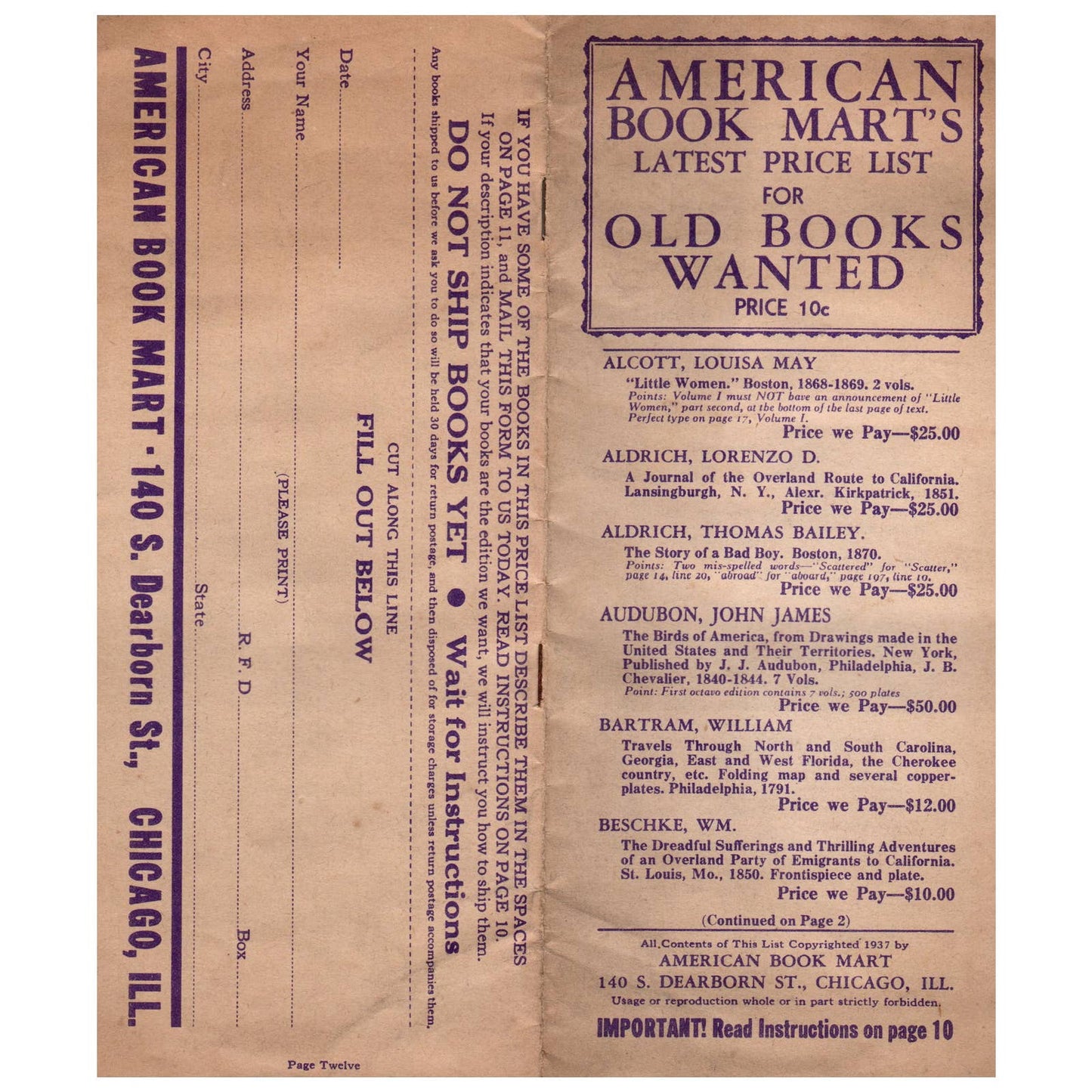 1937 American Book Mart Latest Price List Brochure Booklet SF3-5