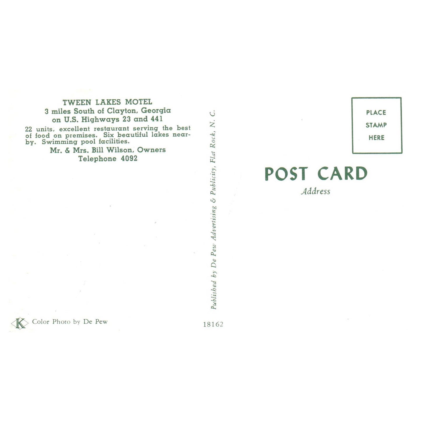Vintage Postcard - Tween Lakes Motel Clayton GA Mr & Mrs Bill Wilson AD9