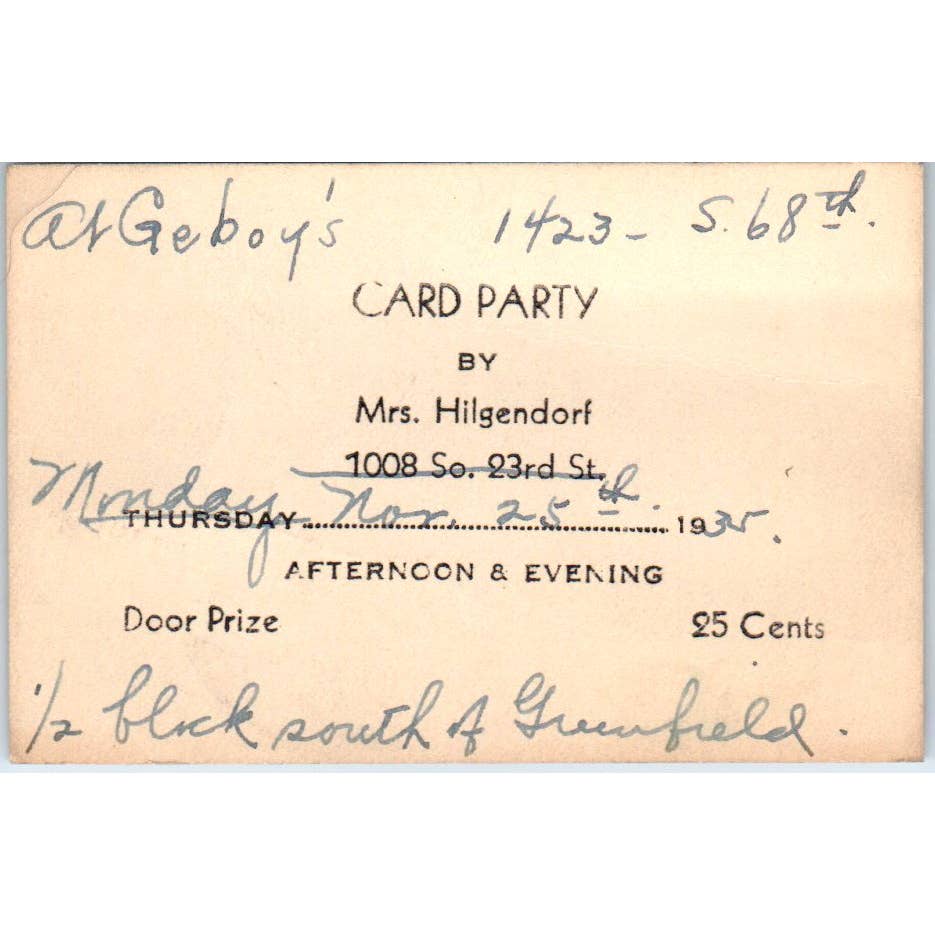 1935 Card Party Invitation Mrs. Hilgendorf S. 68th St. Milwaukee WI SE5