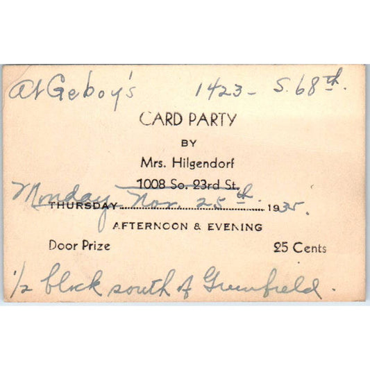 1935 Card Party Invitation Mrs. Hilgendorf S. 68th St. Milwaukee WI SE5