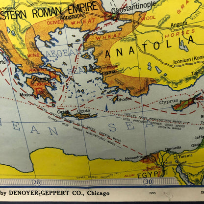 LARGE Vintage 1955 Denoyer-Geppert Co. Wall Map Medieval Commerce and Industries