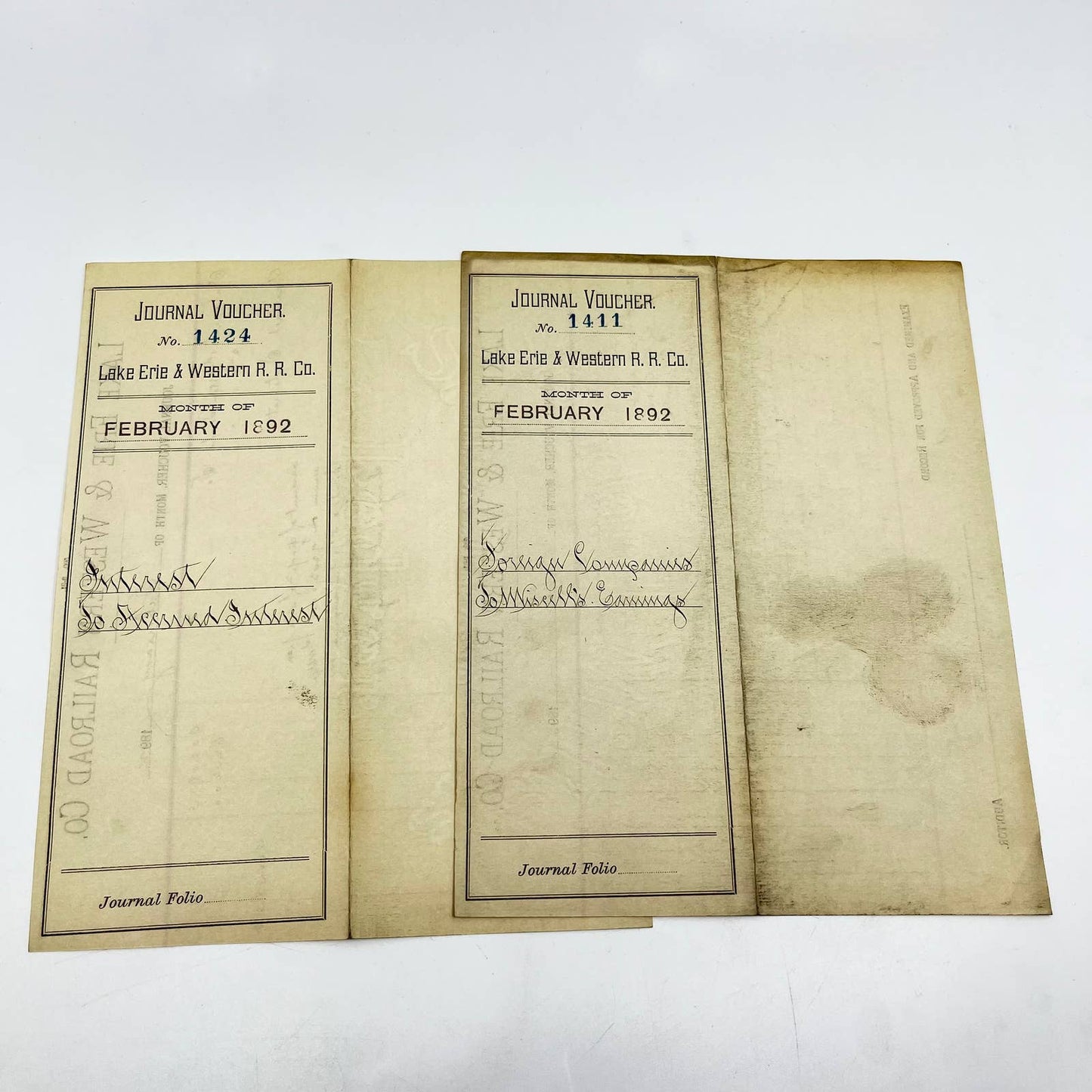 1892 Lake Erie & Western Railroad Co. Journal Voucher RR Lot of 2 AB1-4