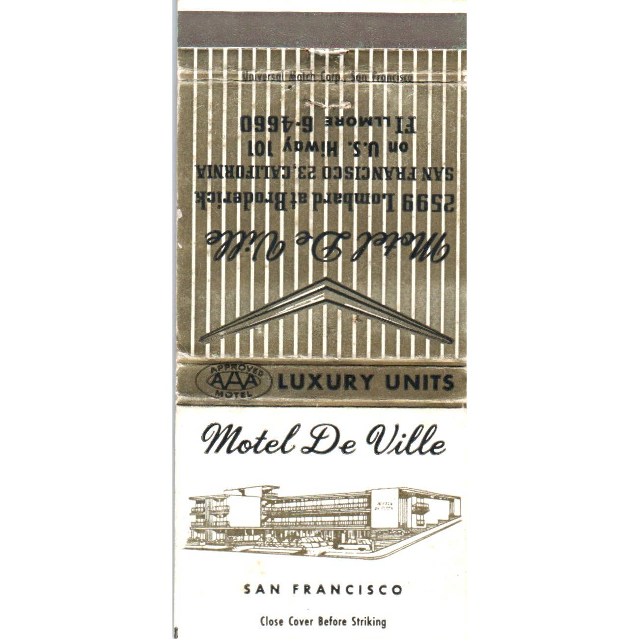 Motel De Ville San Francisco Advertising Matchbook Cover SA1-M10