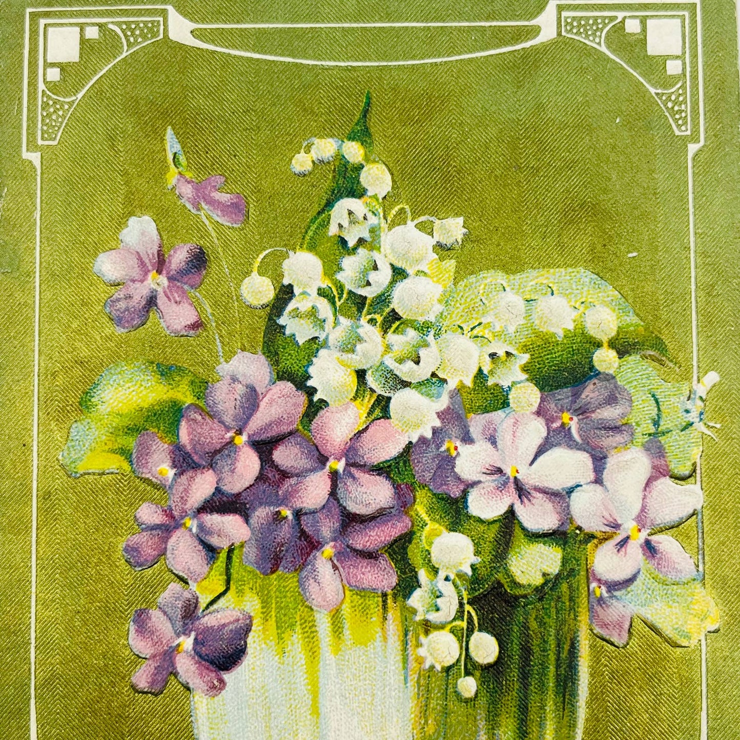 1910s Easter Post Card Art Deco Chromatic Green Lilly of the Valley Violets PA5