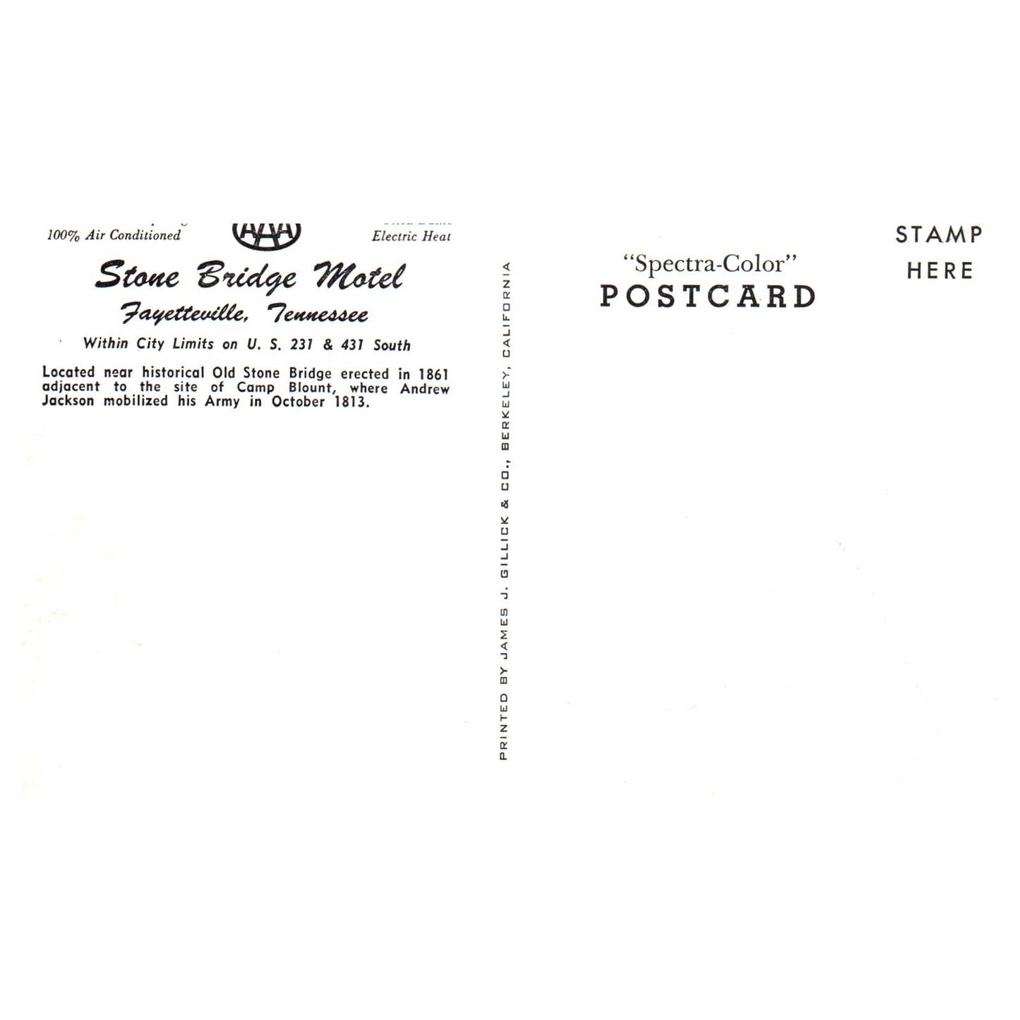 Vintage Postcard - Stone Bridge Motel AAA Fayetteville Tennessee TJ6-1