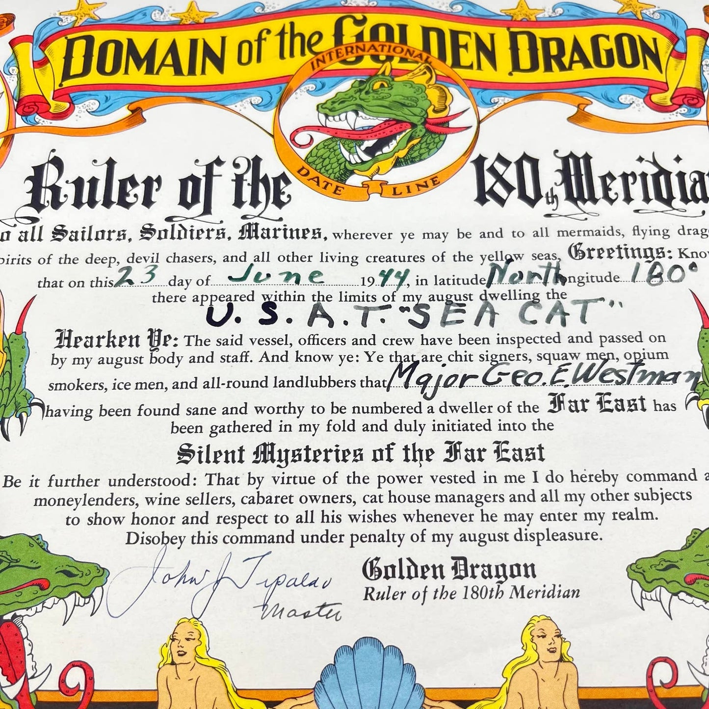 WWII 1944 Domain Of The Golden Dragon USAT Sea Cat Maj. Geo. E. Westman FL3