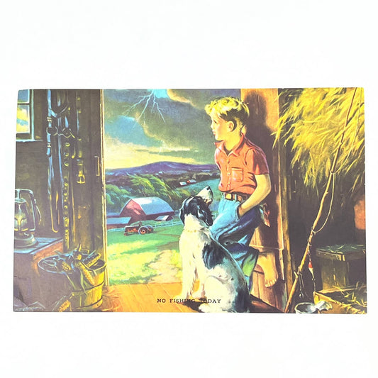 VTG Kitschy Litho Print No Fishing Today Boy in Barn Dog Harold Anderson AC3