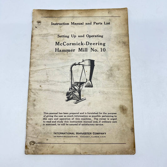 1945 McCormick Deering Hammer Mill No. 10 Owners Manual IH TC6