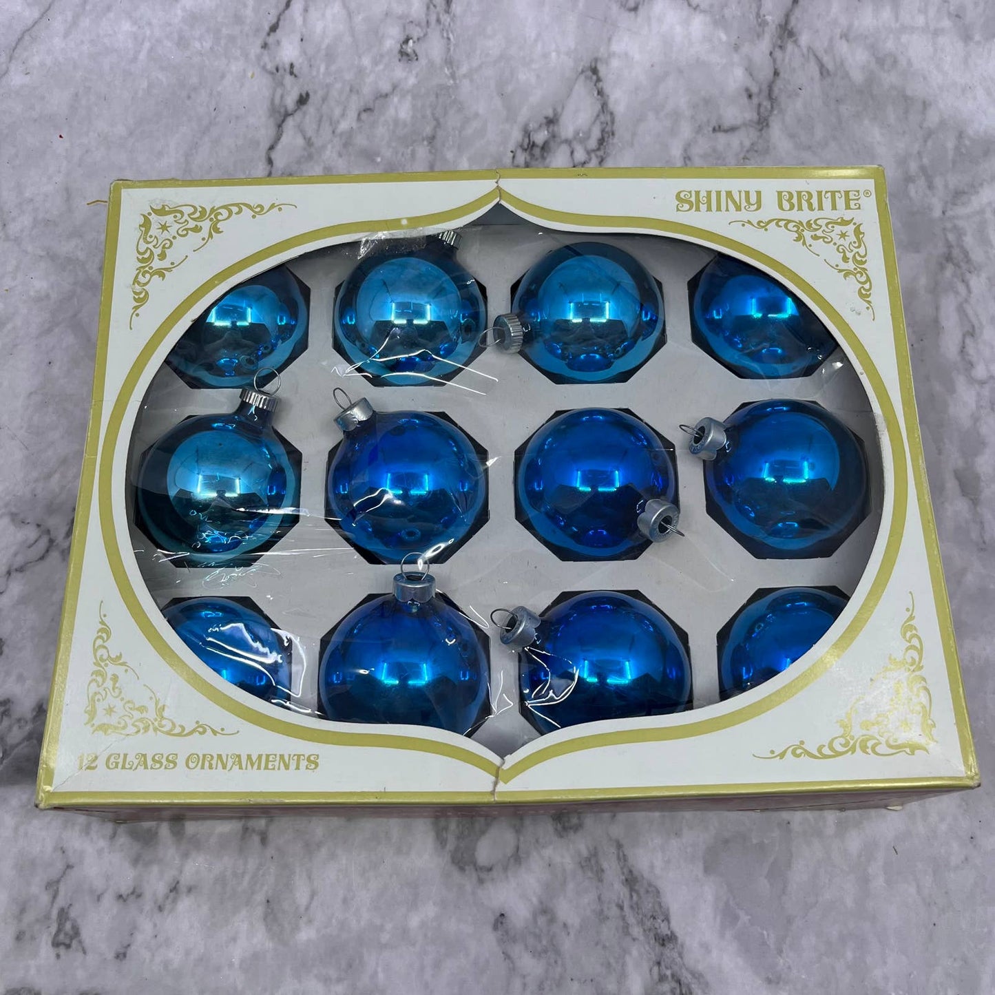 Shiny Brite 12 Vintage 2 1/4" Mercury Glass Ornaments Original Box Blue OT1-1