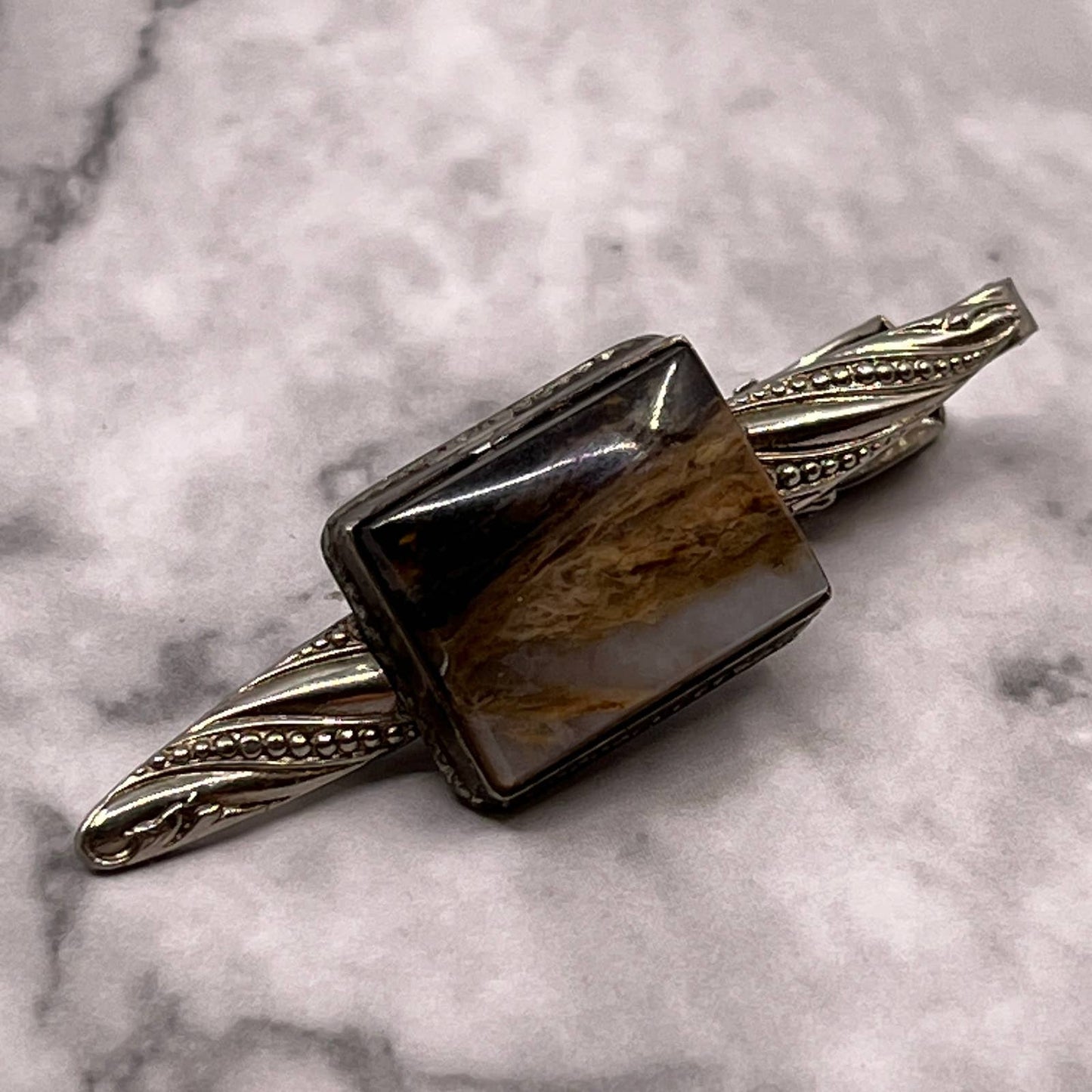 Vintage Silver Tone Polished Stone Agate Tiger Eye Tie Clip Bar Clasp SA2-2