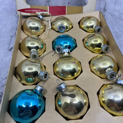 Coby 12 Vintage 1 3/4" Mercury Glass Ornaments Original Box Blue Gold OT1