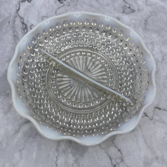 Anchor Hocking Moonstone Opalescent Hobnail Ruffled Divided Candy Dish 7.5” TC4