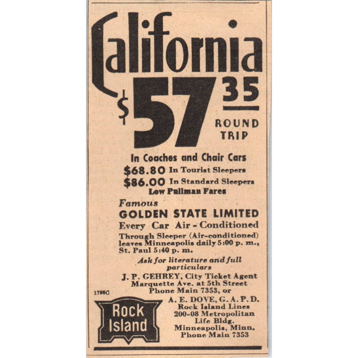 1935 Minneapolis Journal Newspaper Ad California Rock Island Lines FL5-6