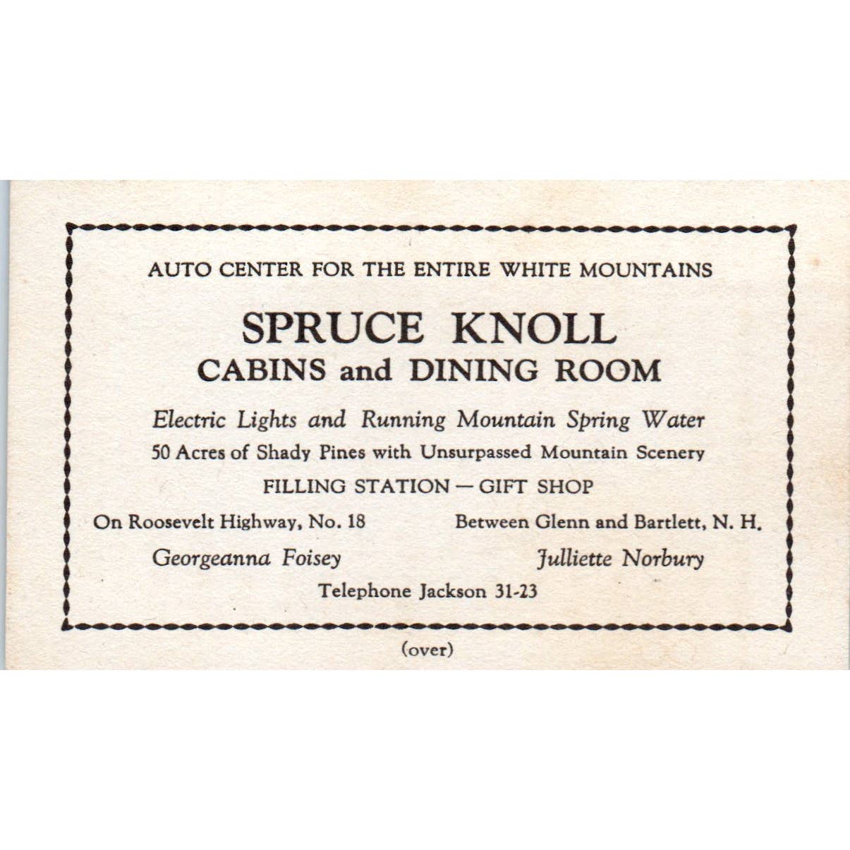 Spruce Knoll Cabins Restaurant Bartlett NH Foisey Norbury Business Card TK2-CC