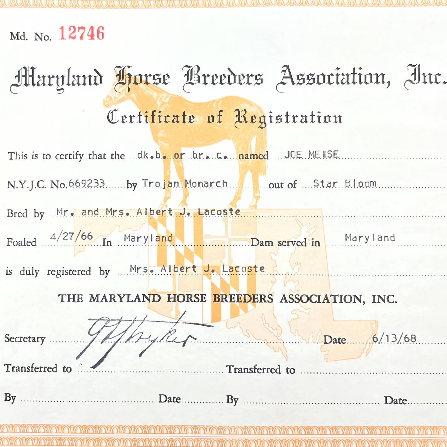 1966 Maryland Horse Breeders Assn Certificate of Registration Joe Meise AC5