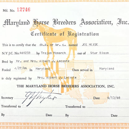 1966 Maryland Horse Breeders Assn Certificate of Registration Joe Meise AC5