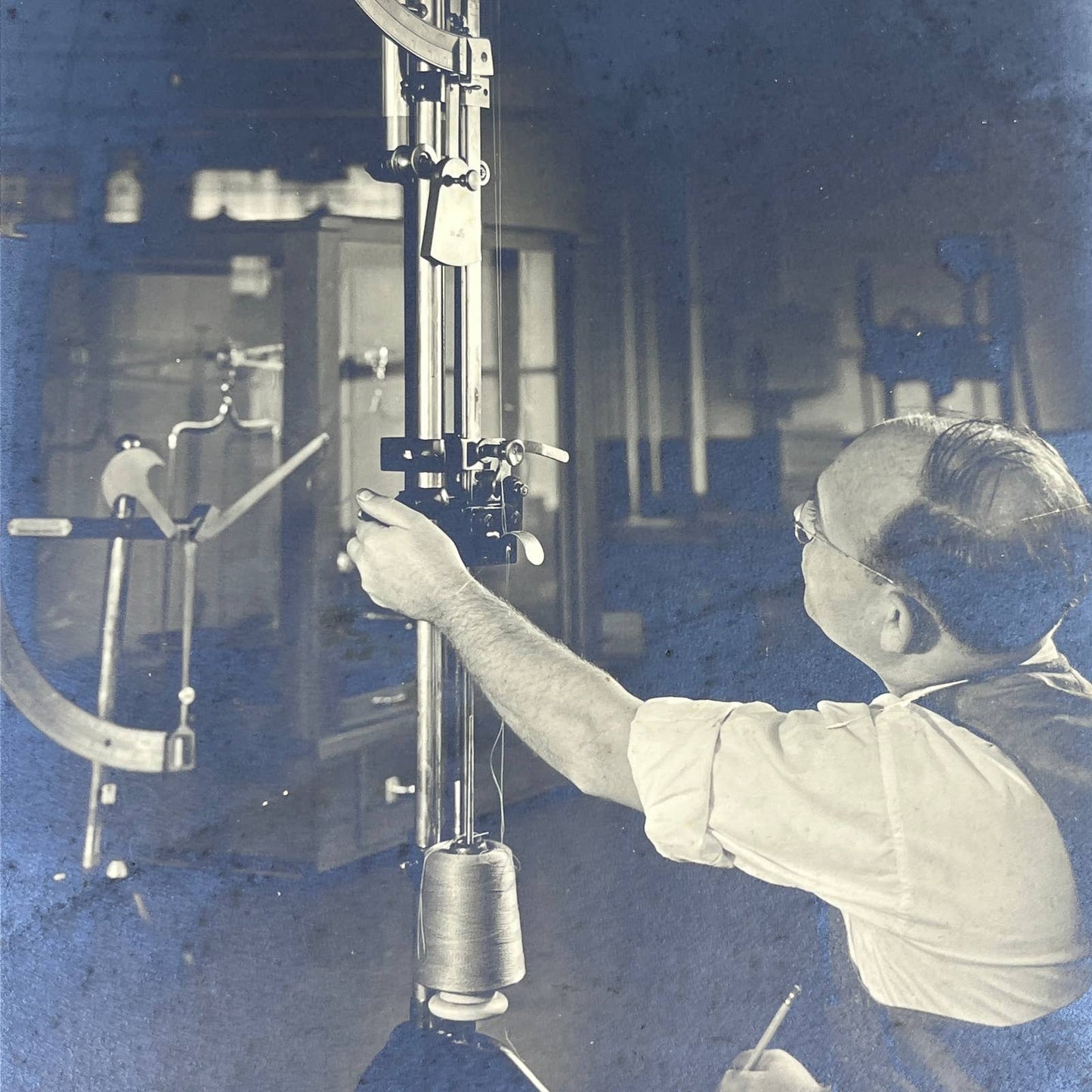 1939 Original Photo Man in Factory w/ Alfred Suter Textile Measuring Device FL4