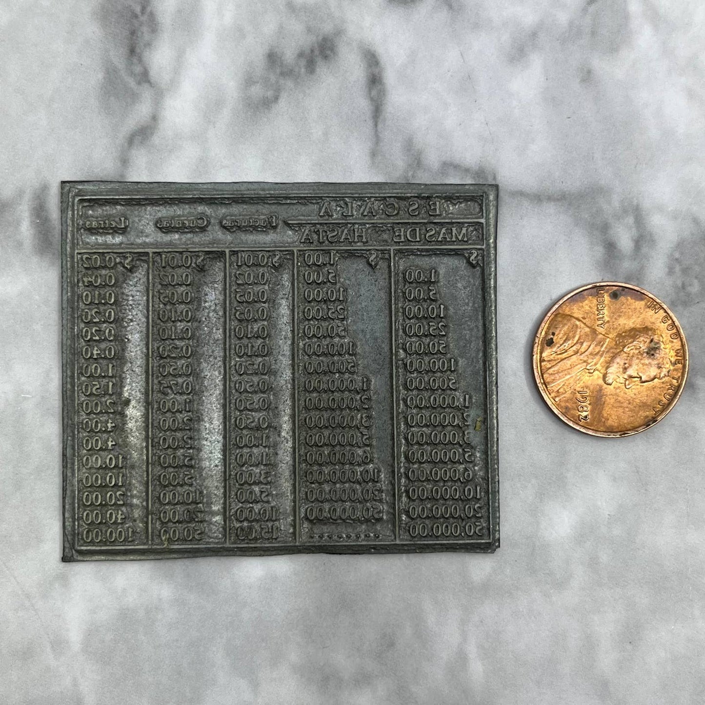 Vintage Letterpress Printers Block Plate Spanish Escala Mas De Hasta TJ513