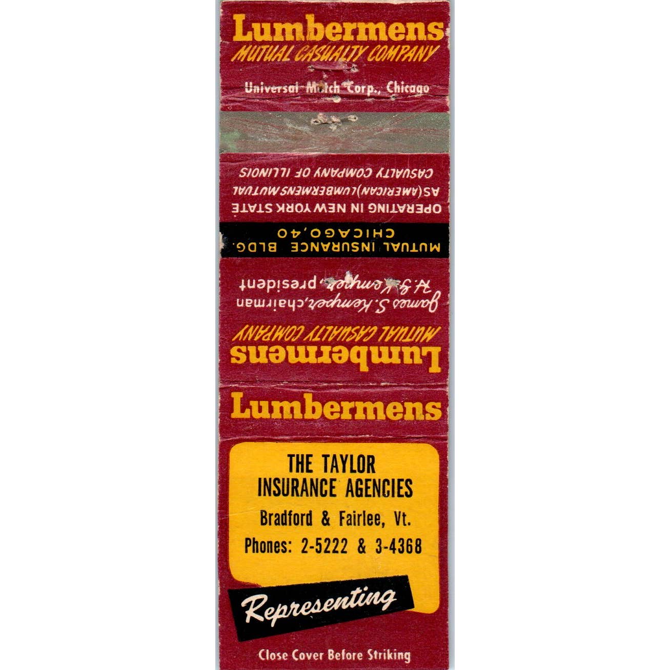 Lumbermens Taylor Agency Bradford Fairlee VT Advertising Matchbook Cover SA1-M9