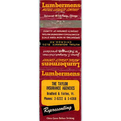 Lumbermens Taylor Agency Bradford Fairlee VT Advertising Matchbook Cover SA1-M9