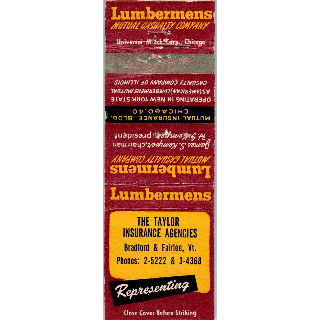 Lumbermens Taylor Agency Bradford Fairlee VT Advertising Matchbook Cover MM9-9