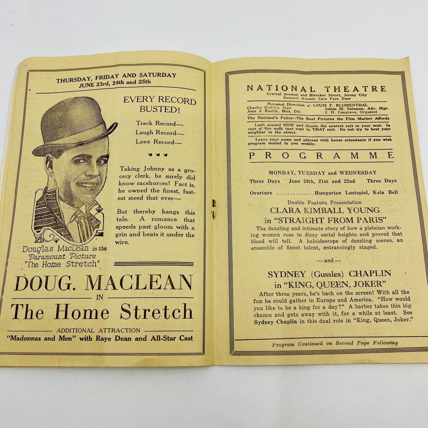 1920s National Theater Program Jersey City NJ Clara Kimball Young TD6