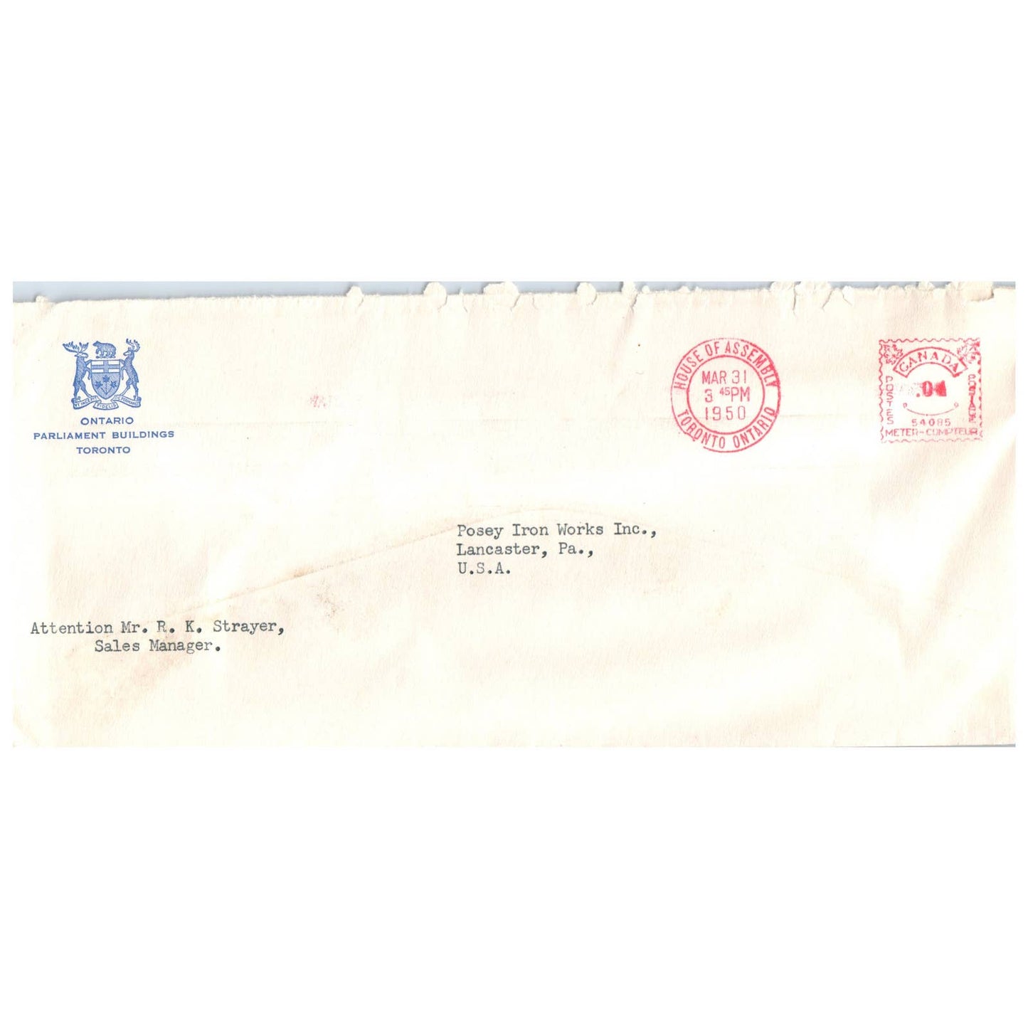 1950 Postal Cover - Ontario - The Parliament Buildings Toronto AD8