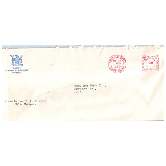 1950 Postal Cover - Ontario - The Parliament Buildings Toronto AD8