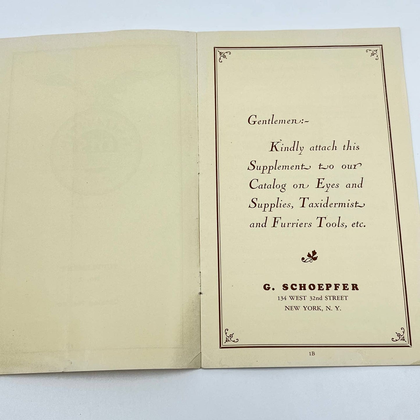 c1910 G. Schoepfer Glass Eyes Catalog Taxidermist & Furrier Supplies NY TF7