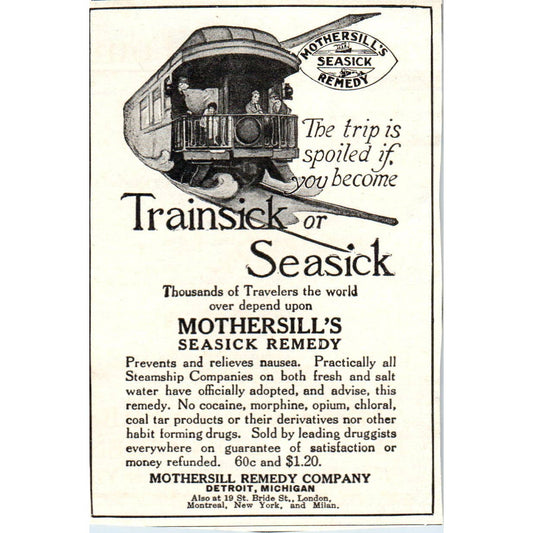 c1920 Harper's Magazine Ad Mothersill's Seasick Remedy Company Detroit MI EA3-4