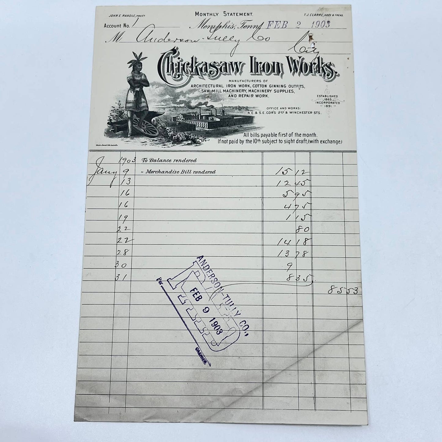 1903 Chickasaw Iron Works John E Randle Letterhead Memphis TN AB5