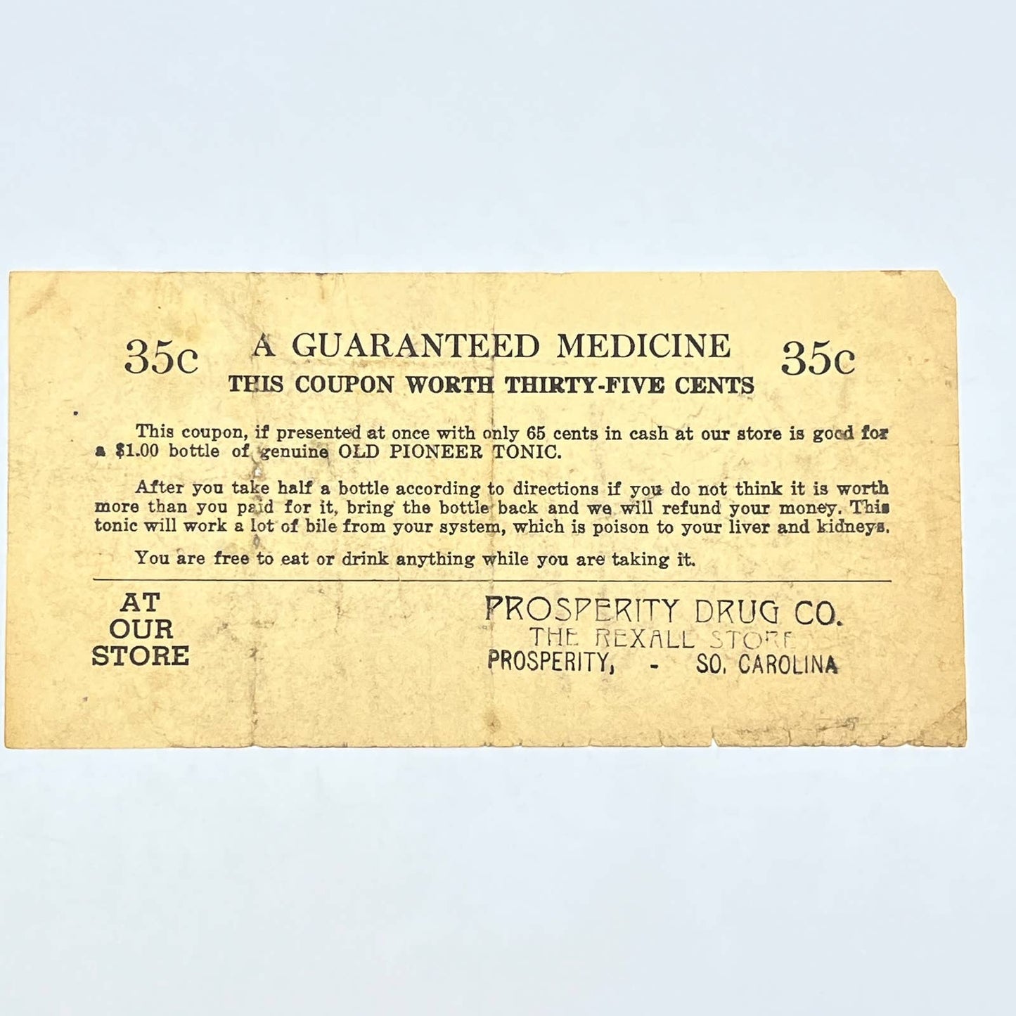 c1900 Old Pioneer Tonic Quackery Coupon Prosperity Drug Co Prosperity SC AC3