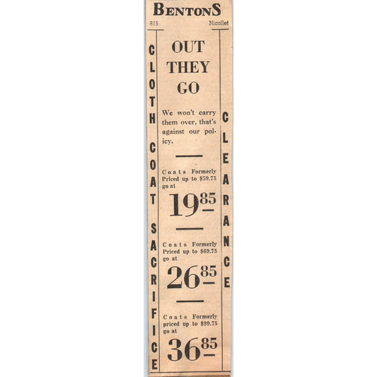 1935 Minneapolis Journal Newspaper Ad Benton's Department Store Nicollet FL5-4