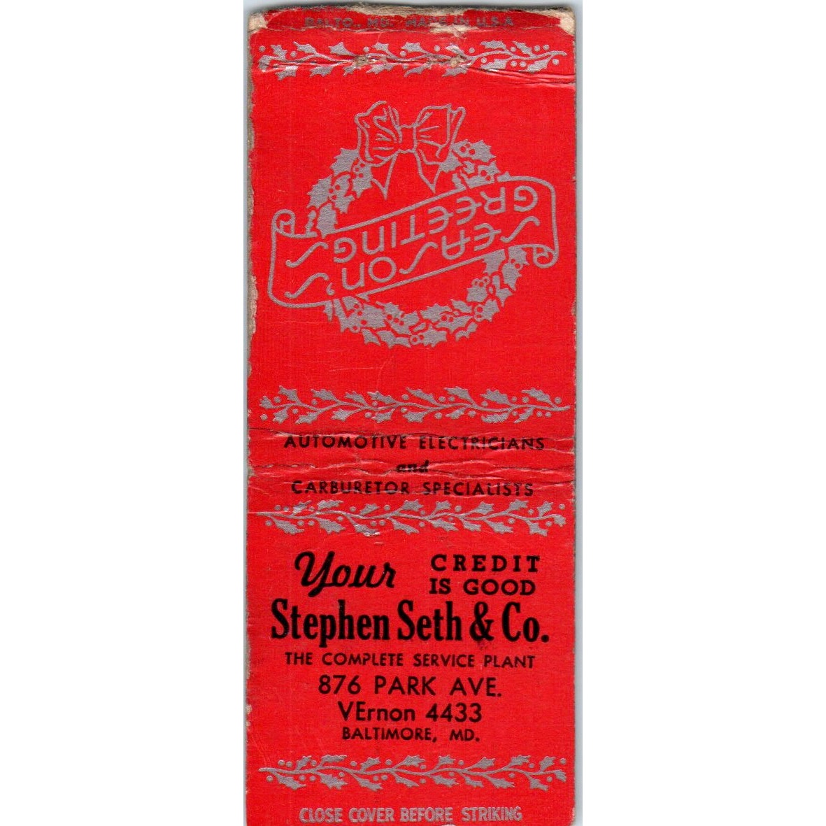 Stephen Seth & Co. Baltimore MD Advertising Matchbook Cover MM9-10
