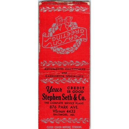 Stephen Seth & Co. Baltimore MD Advertising Matchbook Cover MM9-10