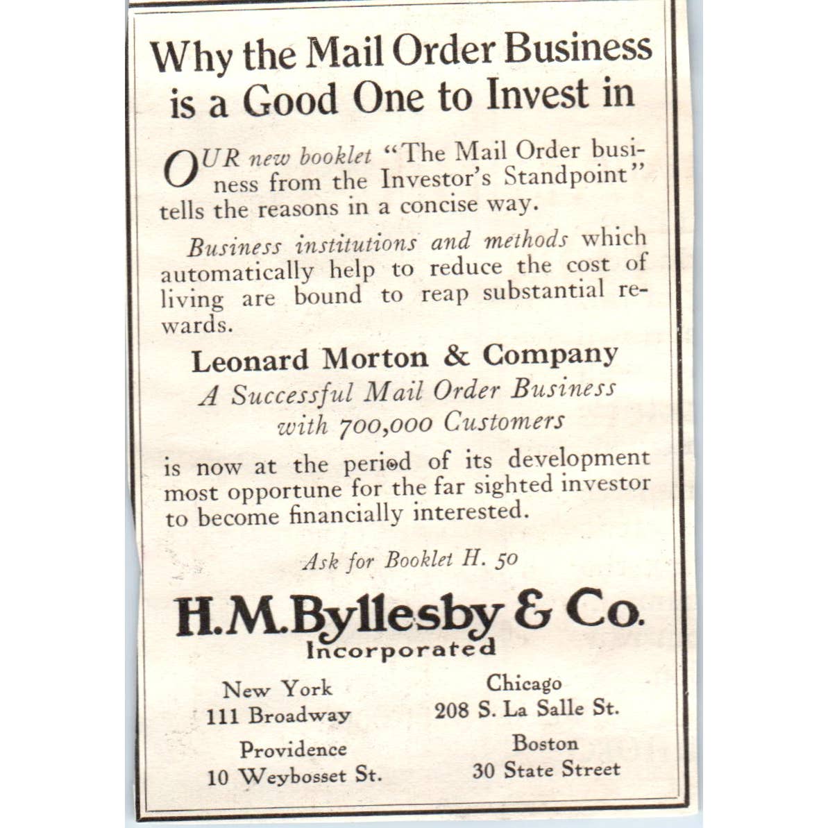 c1920 Harper's Magazine Ad - H.M. Byllesby & Co Mail Order Business EA3-4