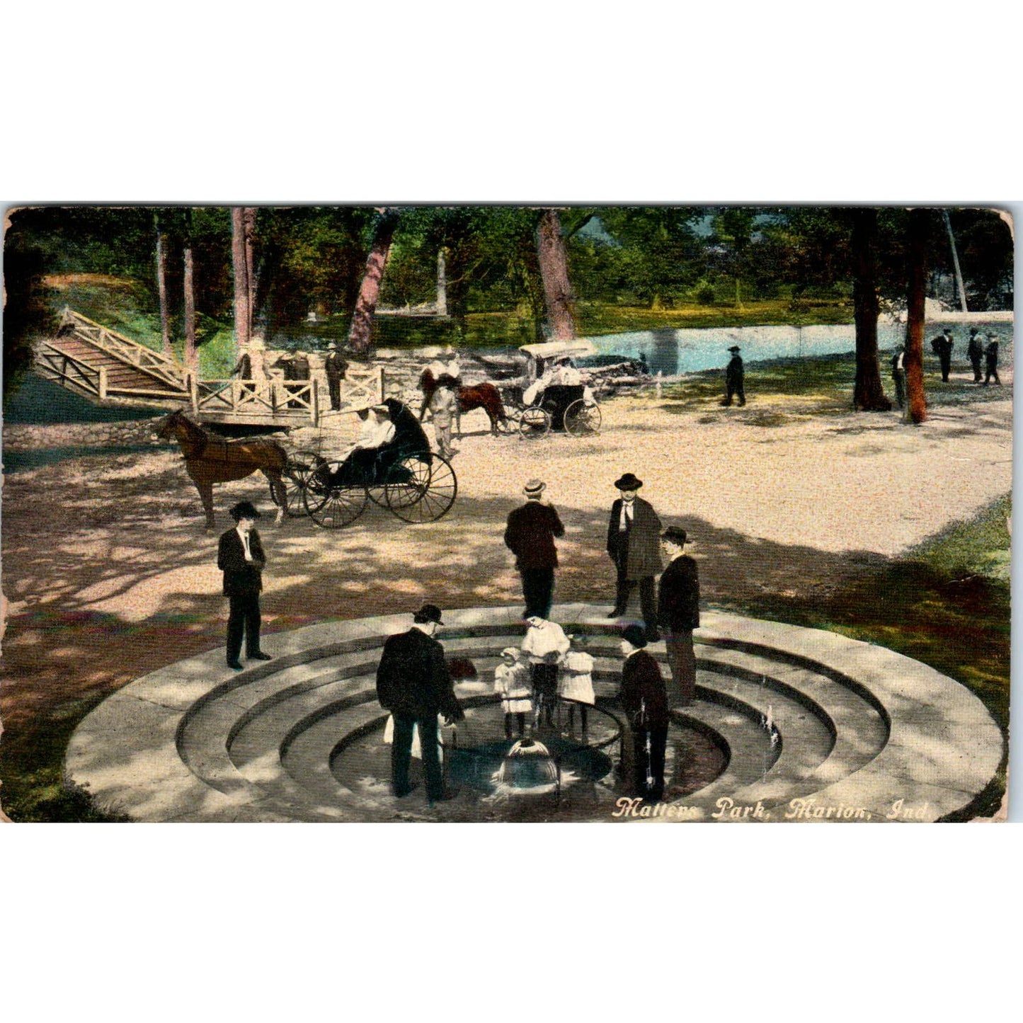 1910s Postcard Matter Park Marion Indiana Horses & Buggies SF2