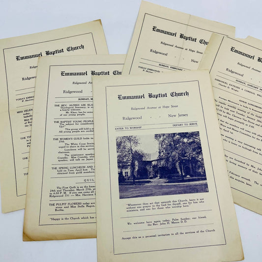 1930 Lot of 5 Emmanuel Baptist Church Ridgewood NJ Programs TD7