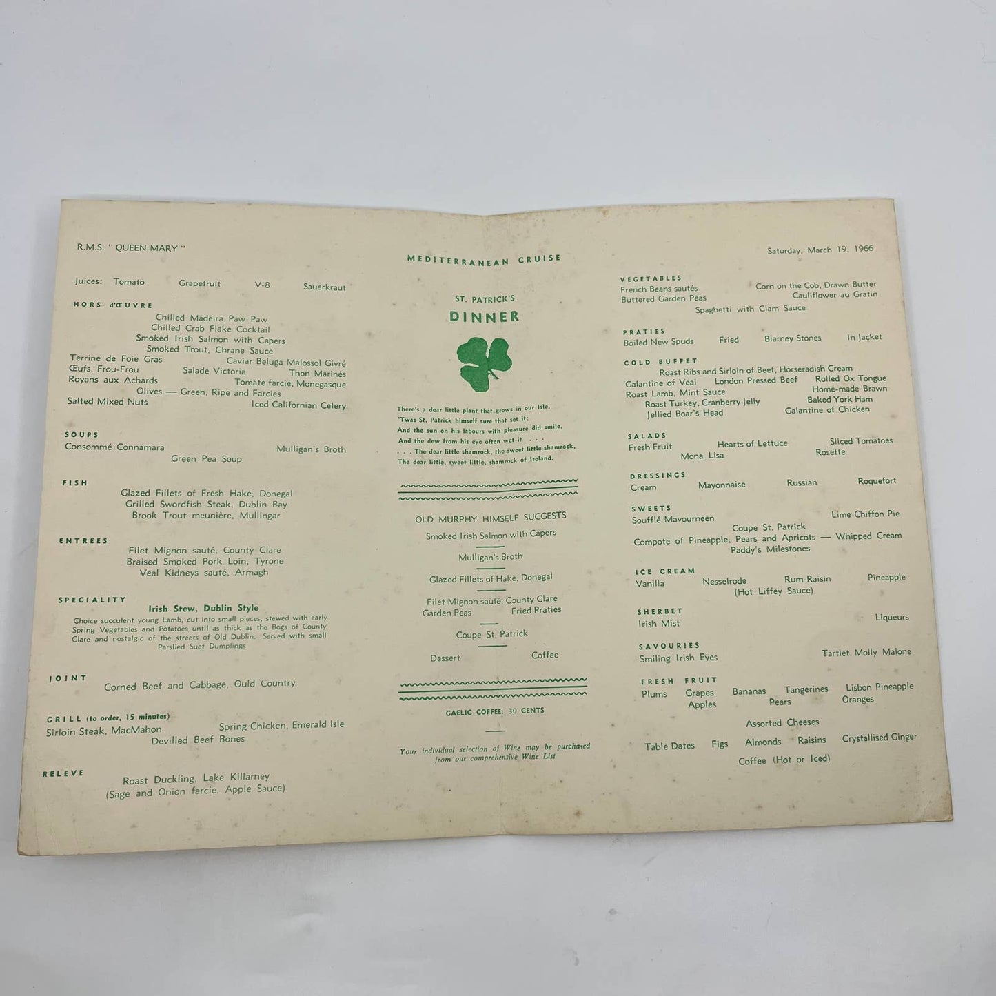 1966 Cunard R.M.S. Queen Mary St. Patrick’s Day Menu AA6