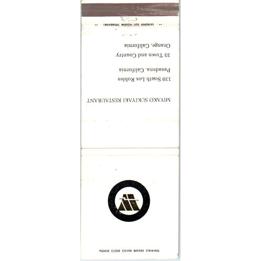 Miyako Sukiyaki Restaurant Pasadena Orange CA Advertising Matchbook MM9-6