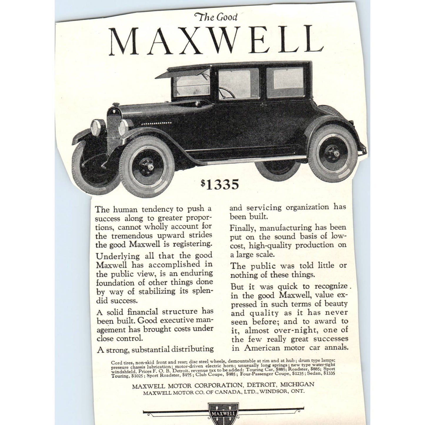 c1920 Harper's Magazine Ad The Good Maxwell Motor Car Corporation Detroit TF6-1